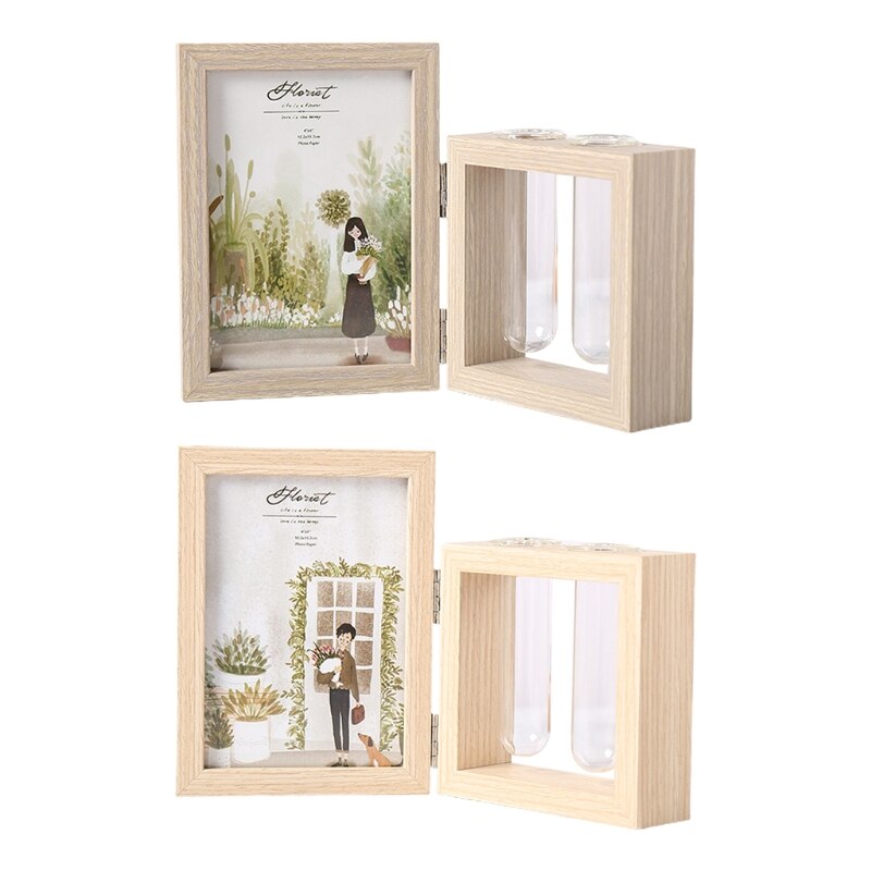 Wood Picture Frame and Plant 2 Vase Combo, Double Sided Display Hinged Desktop Wooden Stand, Glass Planter Terrarium