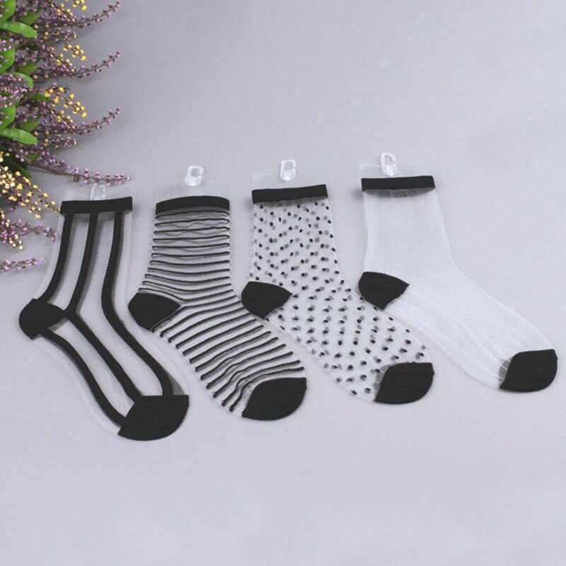 4 Pairs/lot Women Ankle Socks Ladies Pure Silk Short Lace Korean Sock Female Cheap Women's Transparent Crystal Sock White: 4 different black