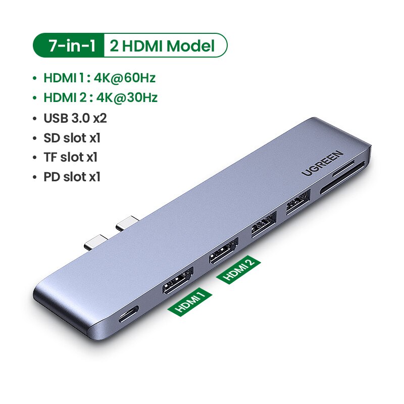 Ugreen usb c hub til macbook pro air usb type c hdmi hub til macbook pro air adapter thunderbolt 3 dock usb  c 3.1 usb hub: 7- i -1 2 hdmi sd tf