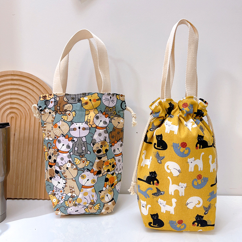 Draagbare Canvas Isolator Hoes Tas Thermoszak Cartoon Foto 'S Sluiting Trekkoord Opbergtas Vacuüm Cup Set