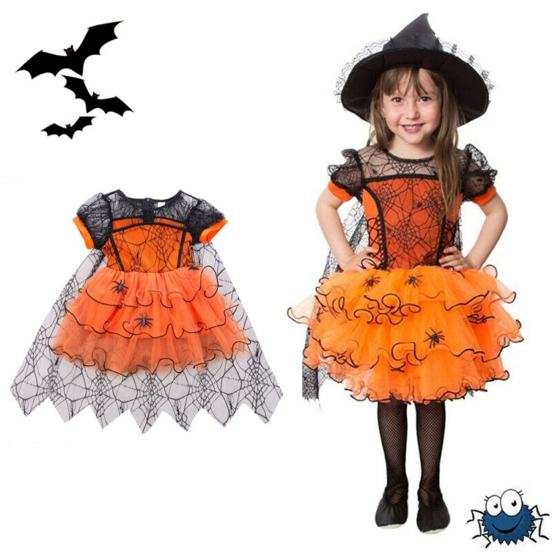 1-5Y Toddler Kids Baby Girl Halloween Dress Spider Cloak Witch Fancy Party Costume