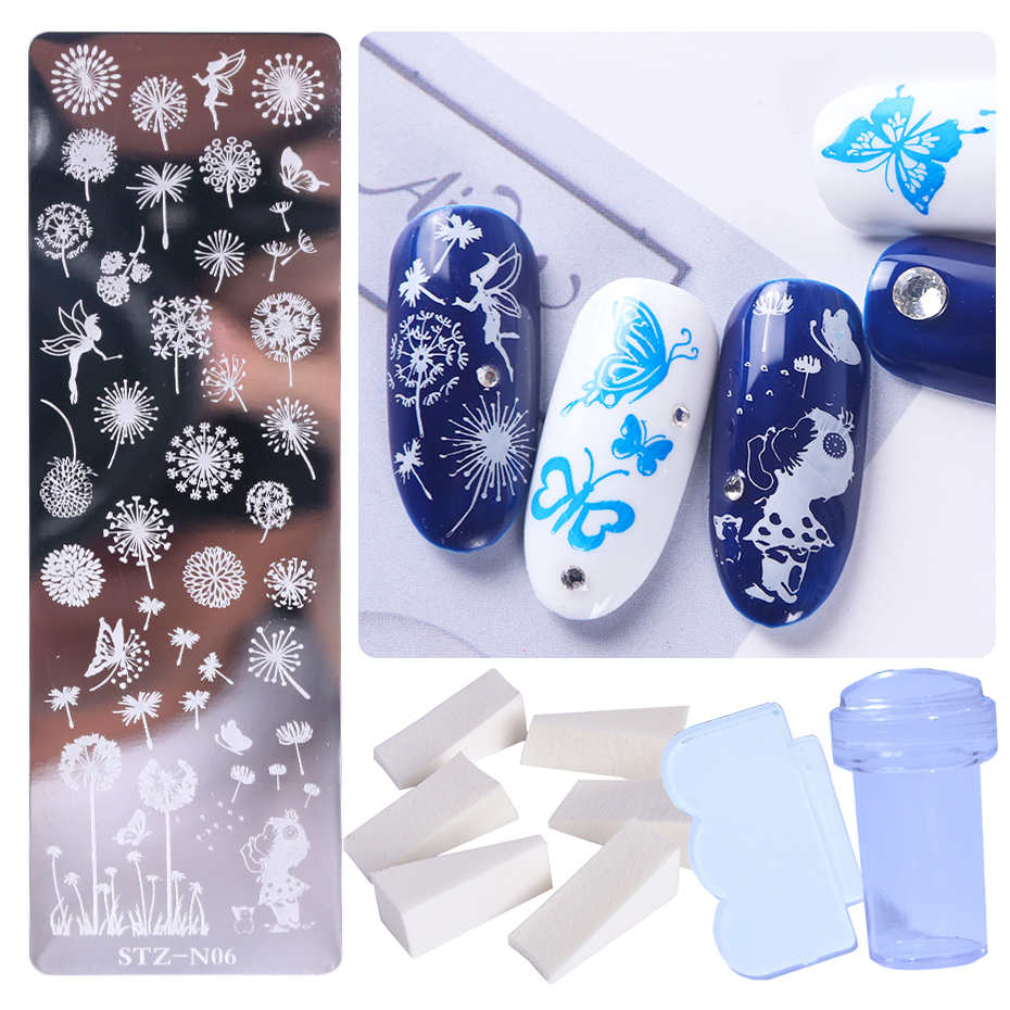 Pochoir pour ongles en dentelle, motifs de fleurs, papillons, feuilles, images d'animaux, tampons, grattoir, éponge, Kit d'outils BESTZN01-12: STZ-N06 Stamper Set