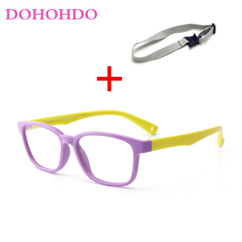 DOHOHDO 2022 Flexible Kids Eyeglasses Frame Glasses For Child Boys Girls Degree Myopia Optical Frames With Lanyard Square: purple yellow