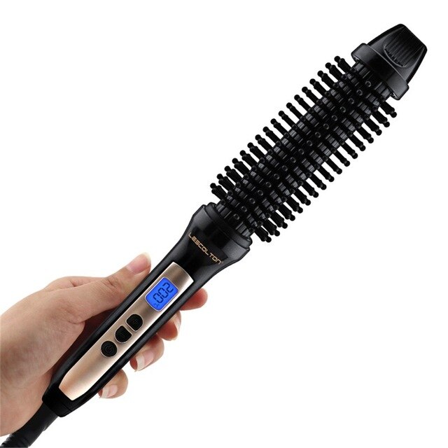 LESCOLTON Display 2 In 1 Ceramic Hair Straightener Comb Hair Curler Curling Roller Beauty Care Iron Brush Comb: black / EU
