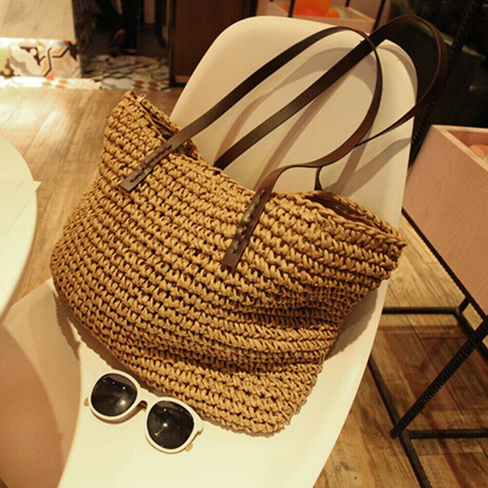 Casual Women Handbag Summer Beach Vintage Handmade Knitted Straw Rattan Bag Large Shoulder Bags Boho Woven Handbag