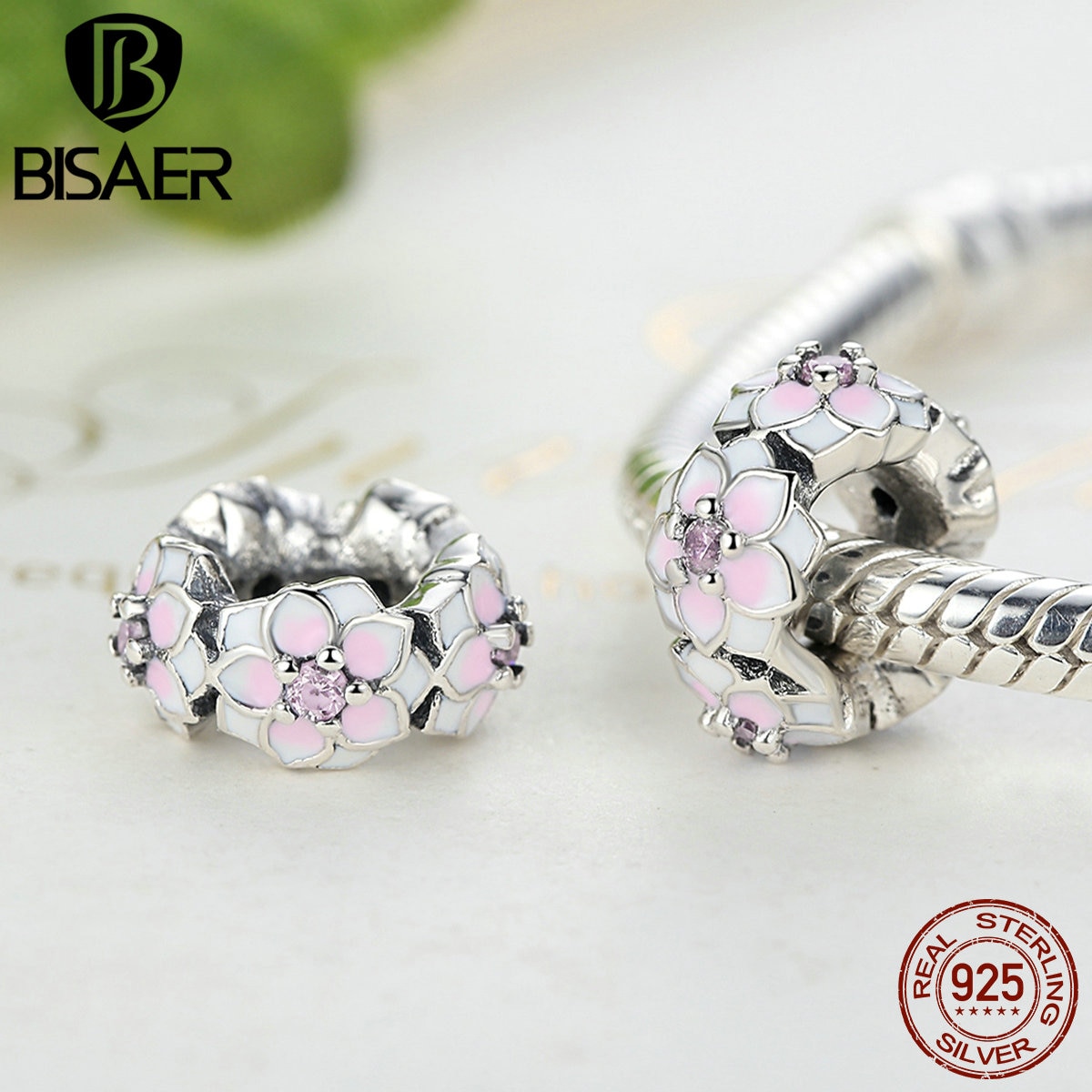 925 Sterling Silber Magnolie Blüte cerise Emaille Rosa Blume Charme Perlen passen für BISAER Armbänder DIY Schmuck Machen Abstandshalter