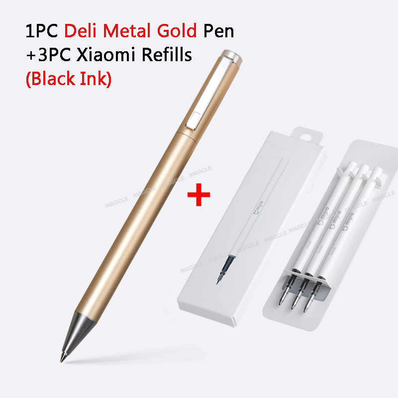Xiaomi deli metal skilt pen kuglepen signering pen 0.5mm gel premec glat switzerland refill sort blæk kontor skole skrivepen: 1 gols 3 sort blæk
