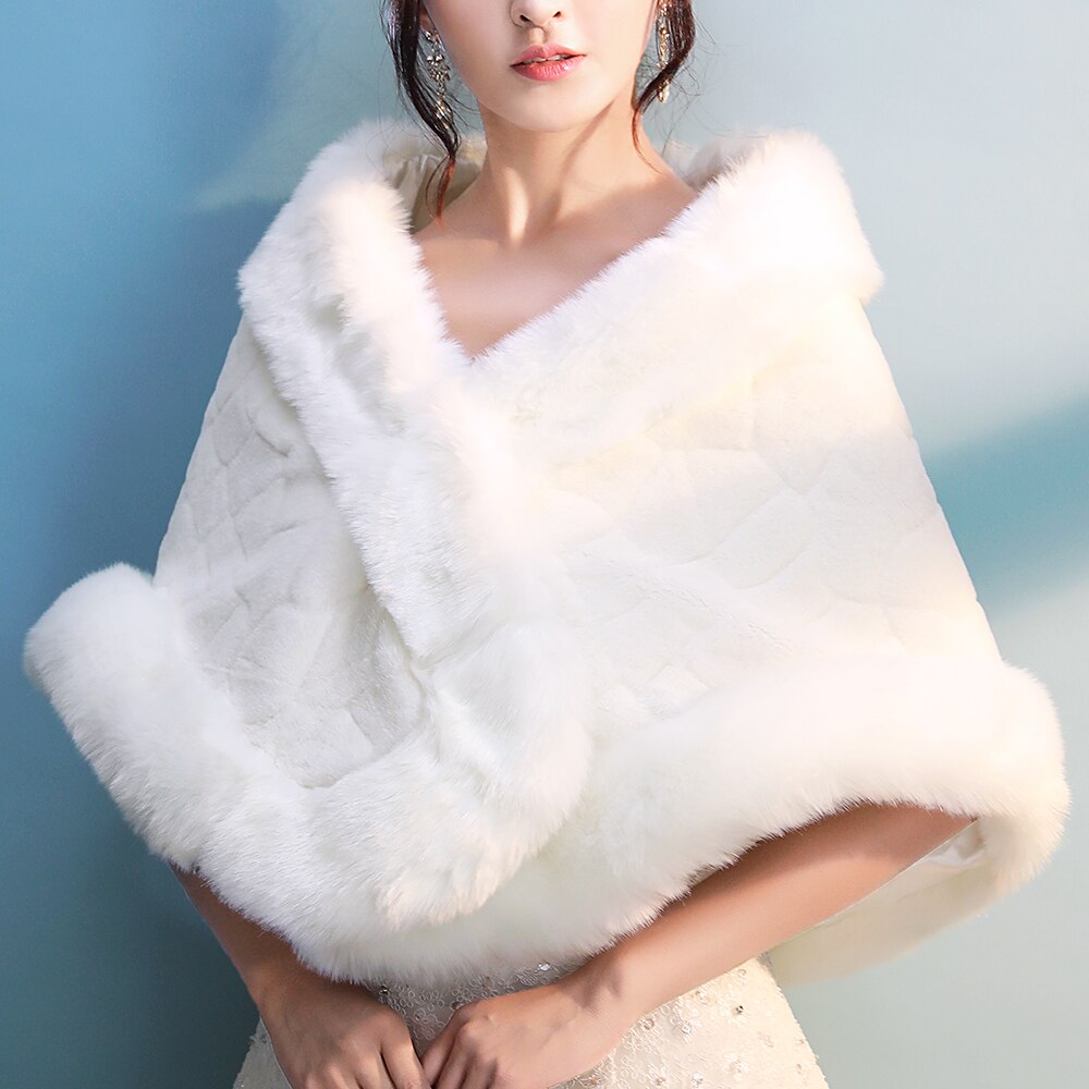 Ivory Winter Warm Faux Fur Women Wedding Bridal Wrap Formal Dinner Evening Shawl Lady Thermal Party Stole Cape Prom Rolled Cloak