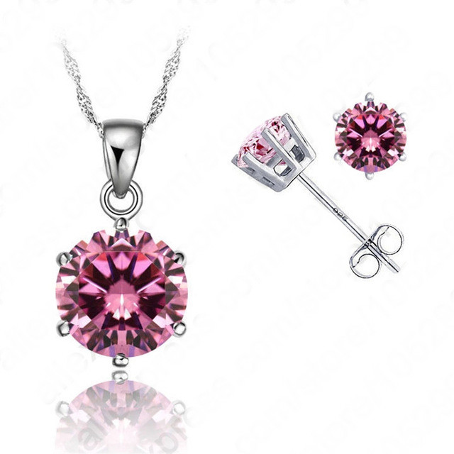 Classic 8 Colors Cubic Zirconia Genuine 925 Sterling Silver Jewelry Sets 6 Claws Stud Earring Pendant Necklace 18" Chain