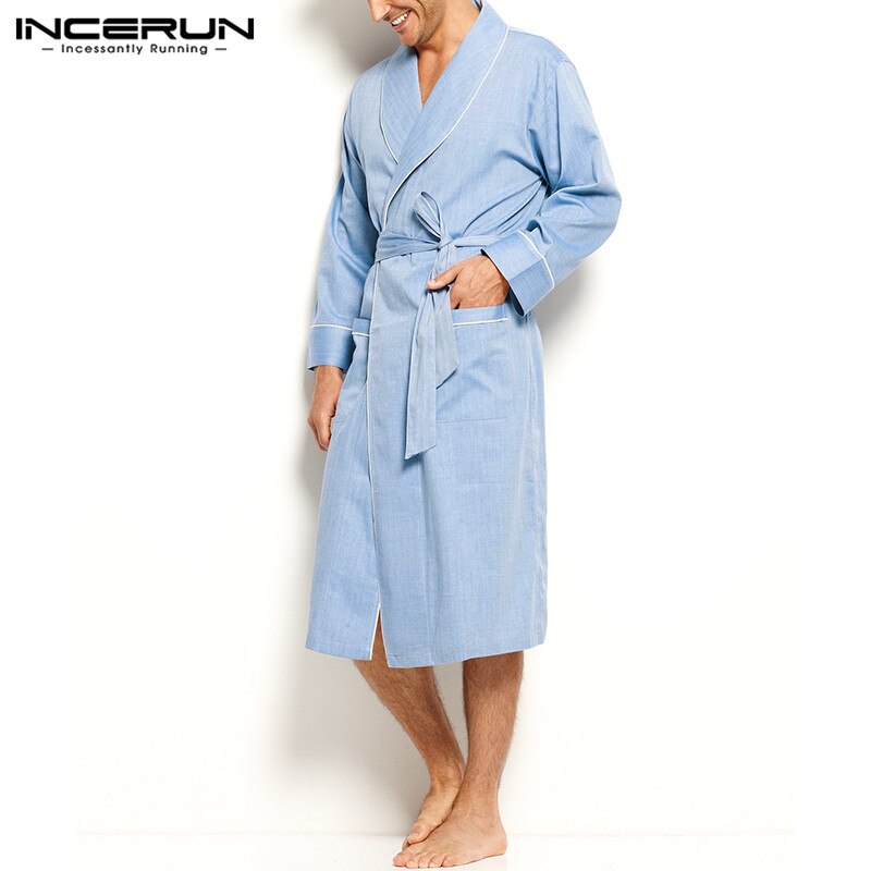 Mode Mannen Slaap Gewaad Effen Kleur Lange Mouw Gezellige Badjassen Leisure Homewear Revers Nachtjapon Mannen Kimono Peignoir Incerun
