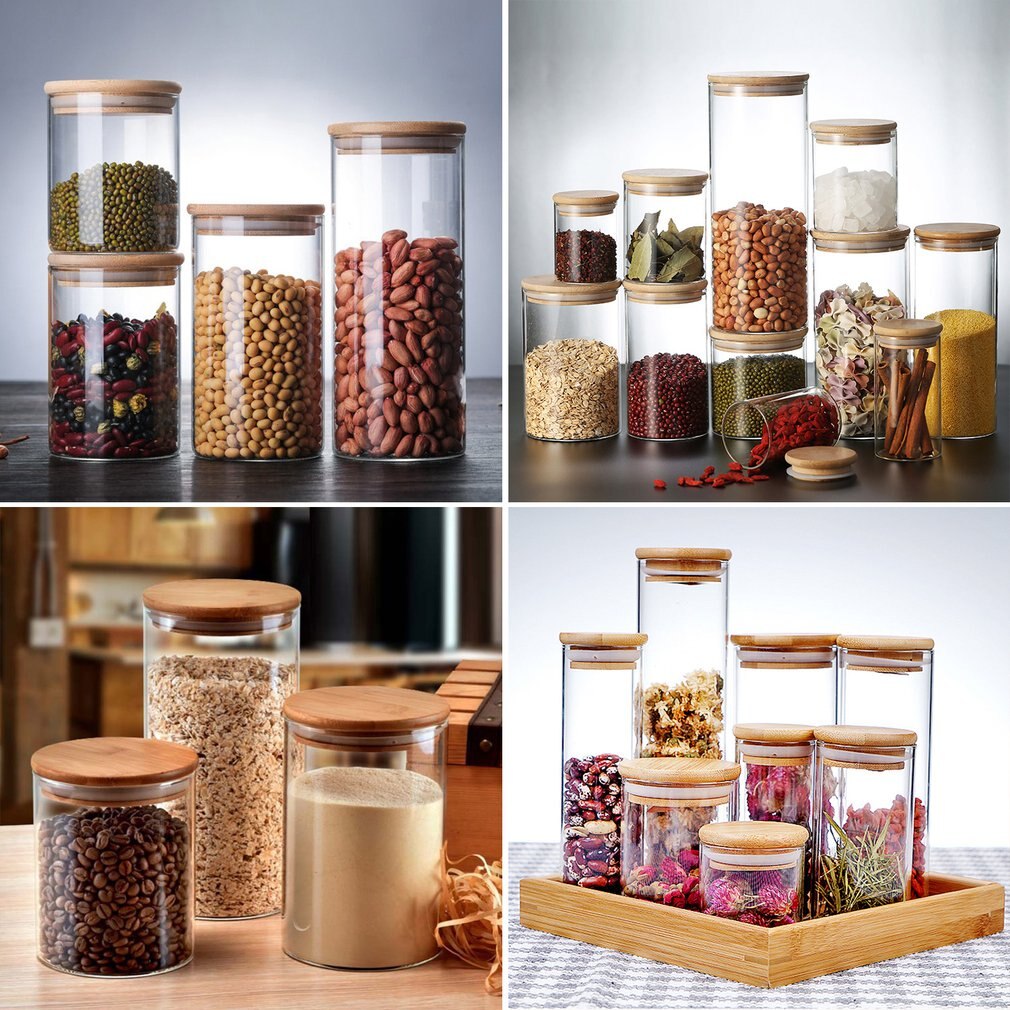 Glass Airtight Jars,Glass Food Storage Jars Containers with Bamboo Lid,Tea Cans Dried Fruit Snacks Storage Bottles