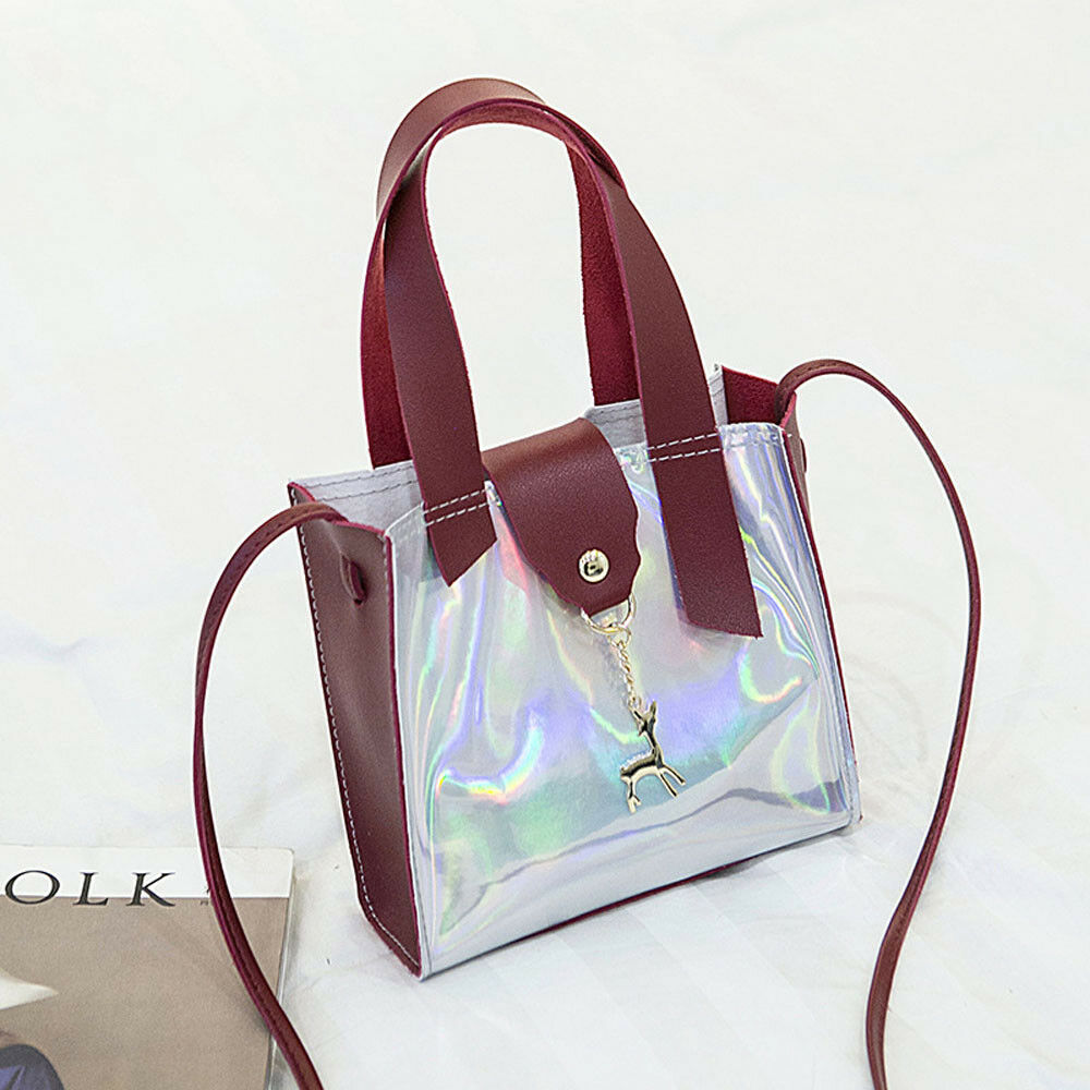 Women's PVC Holographic Bag Clear Transparent Small Tote Hologram Handbag Purse: Red