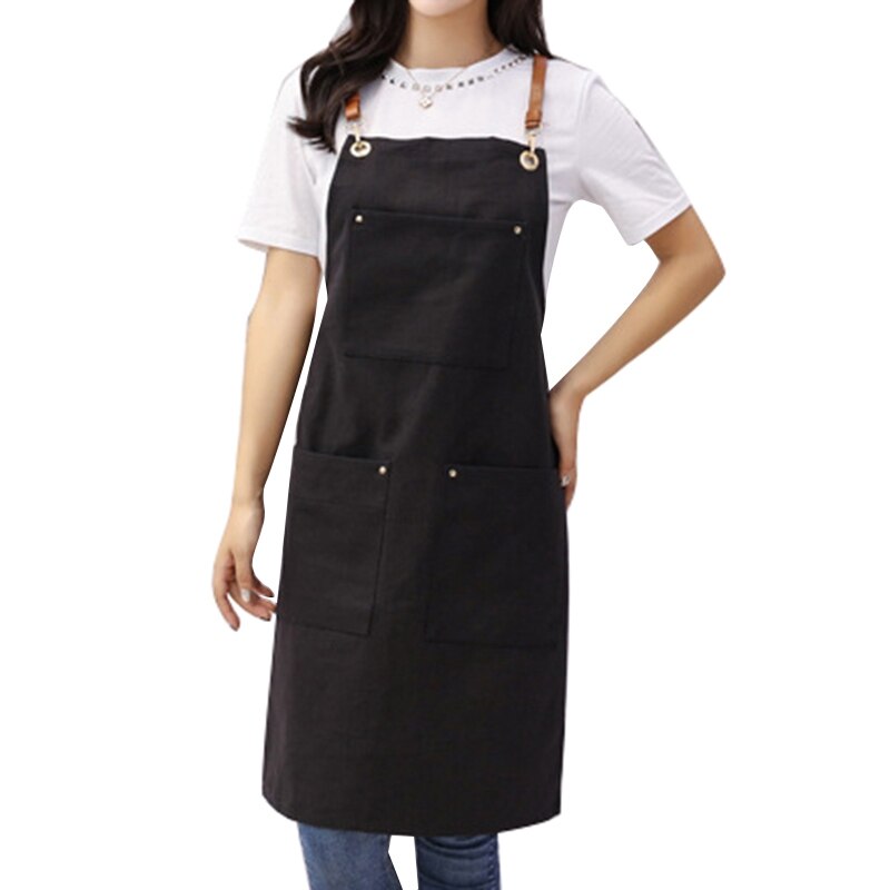 Barber forklæde lærred hængende hals forklæde unisex køkken pinafore hotel restaurant cafe barber shop bager butik tjener arbejdsuniform: Sort
