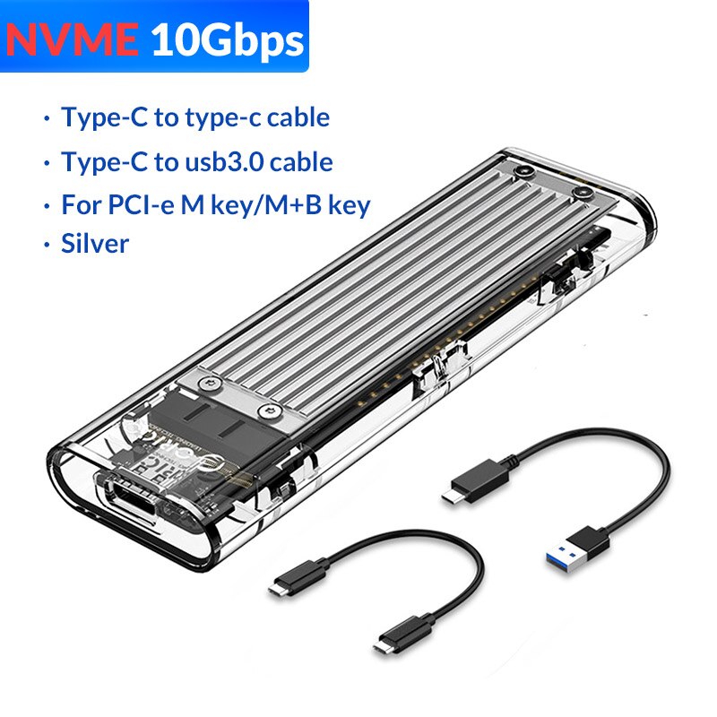 Orico m .2 ssd deksel nvme ssd kabinett m .2 til usb typec gjennomsiktig harddiskboks til nvme pcie m nøkkel  m2 2230 2242 2260 2280 ssd: Nvme  - 10 gbps sølv