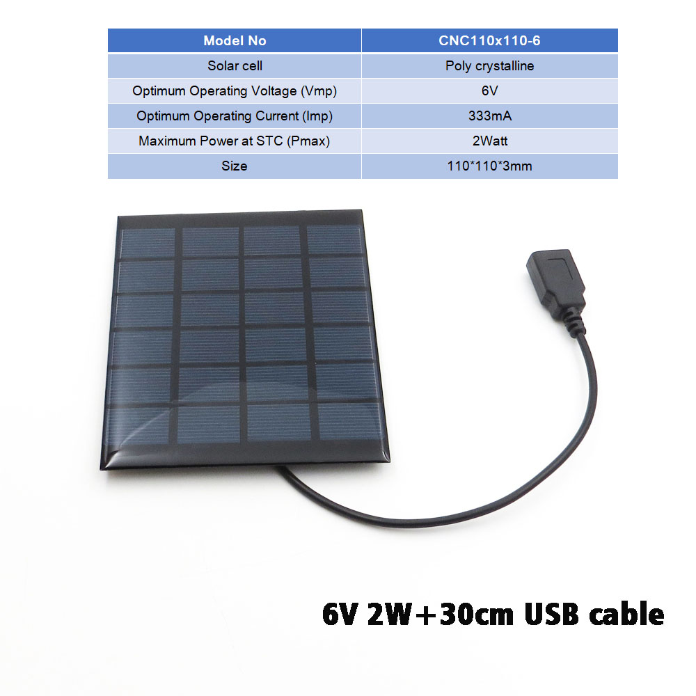 Aurinkopaneelin laturi 6v aurinkokenno monikiteinen diy aurinkolatausakkukaapeli 5v usb -ulostulon aurinkopaneeli 6 vdc 2 3 5 6 10 20 w: U6 v 2w