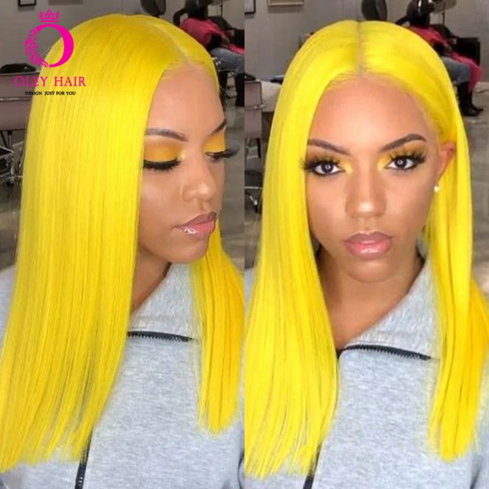 Oley Straight Short Yellow Wig High Temperature Fiber Glueless High Density Synthetic Lace Front Wig For Black Women