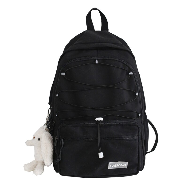 Reflective Strap Woman Nylon Backpack Waterproof Female Book School Bag For Teenage Girls College Studen Women's Travel Rucksack: Black / with pendant