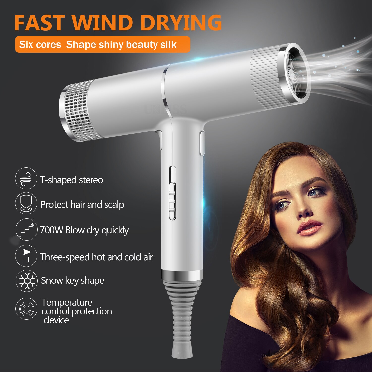 Hair Dryer 700W Fast Drying Hairdryer Blowdryer with Concentrator Nozzle for Home Salon 3 Heat Settings Blow Dryer