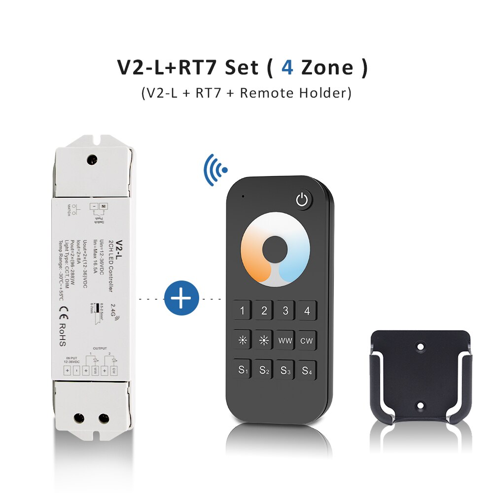 WW CW LED Controller 12V 24V 36V 2CH 16A 2.4G Wireless Remote Control RF LED Dimmer Switch for CCT Daul White LED Strip Light: V2-L and RT7 Set