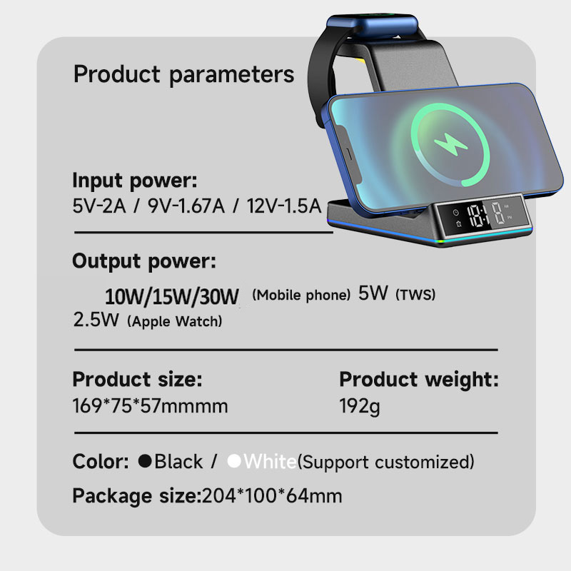 5 in 1 30w hopfällbar trådlös laddningsstation rgb-docka led-klocka snabbladdningsstation för iphone samsung galaxy watch 5/4 s22 s21