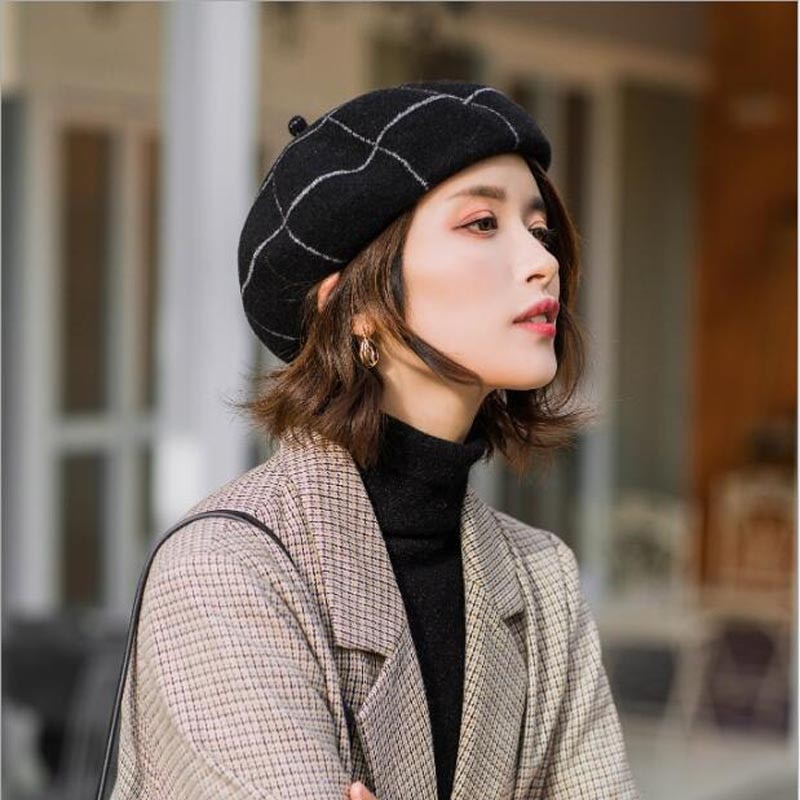 Boinas de invierno a cuadros para mujer Vintage de lana de punto sombreros femeninos estilo británico gorro de señora gorro de pintor sombreros de niña boina