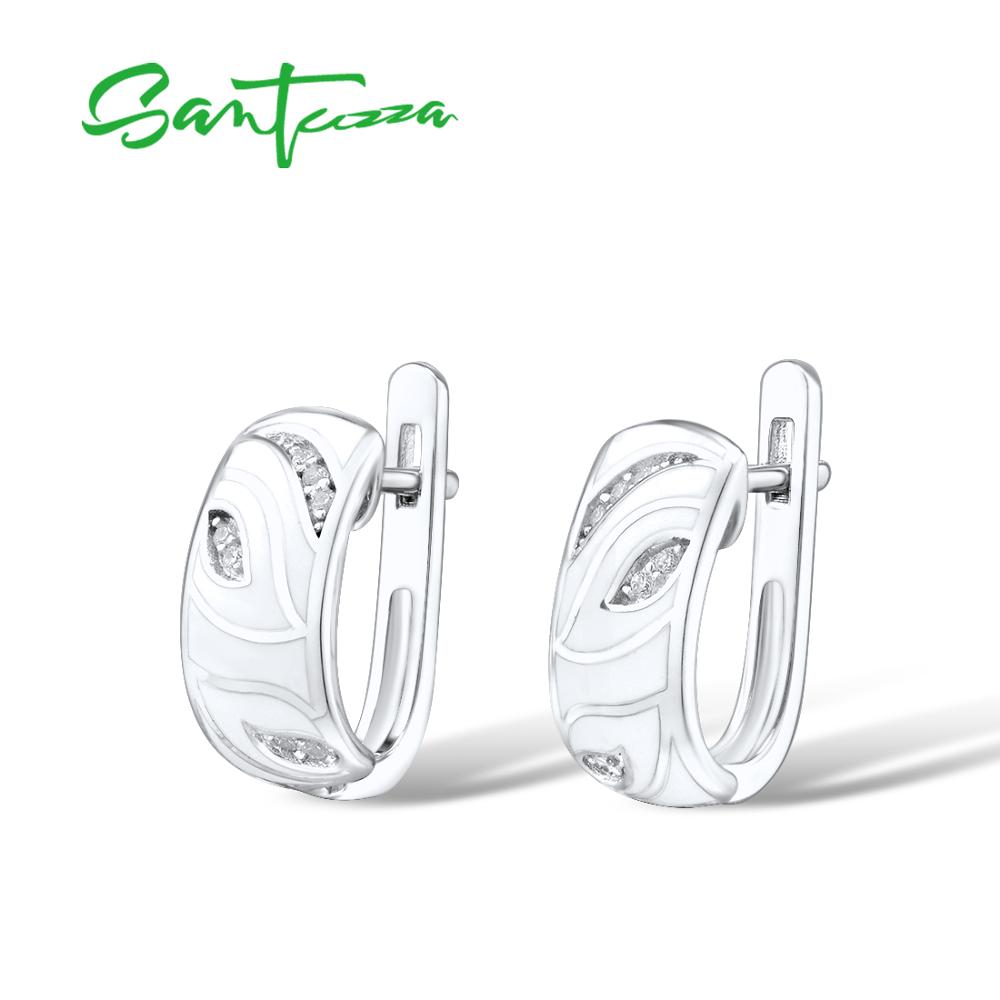 SANTUZZA Silver Earrings For Women Genuine 925 Sterling Silver White Leaves Sparkling CZ Fine Jewelry Handmade Enamel