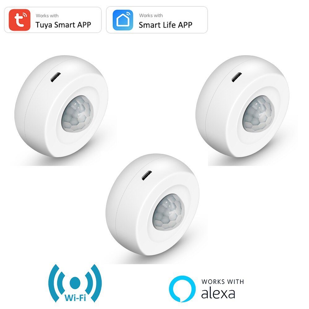 Tuya USB Powered PIR Motion Sensor Detector 360° Detection WIFI Movement Sensor Smart Life APP Home Security Alexa Routine Set: 3 PCS