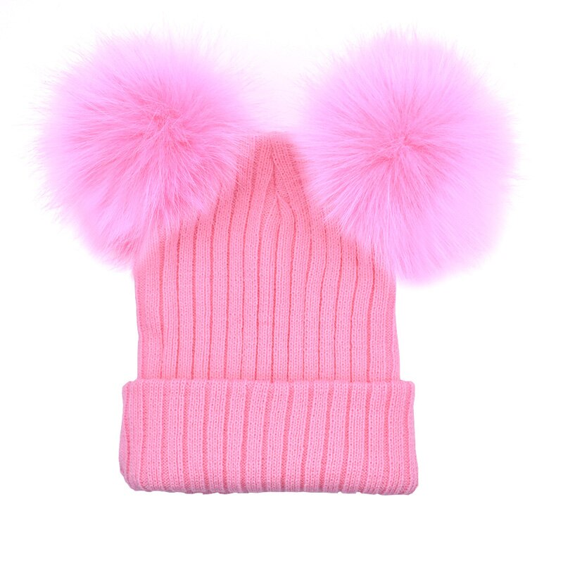 Gorro con pompón de pelo para niña y mujer, 2 pompones, sombreros de invierno de mujer, gorro de lana tejida de algodón, gorra gruesa de mujer: Rosa
