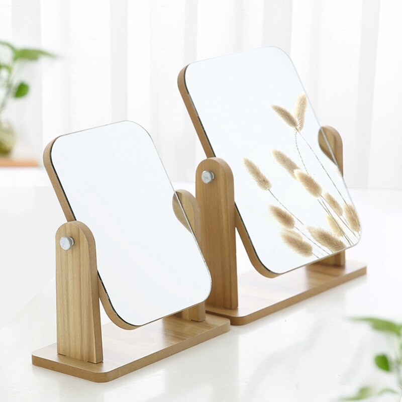 Wooden Makeup Mirror 360 Degree Rotating Wooden Mirror Desktop Mirror Adjustable Angle Portable Mirror
