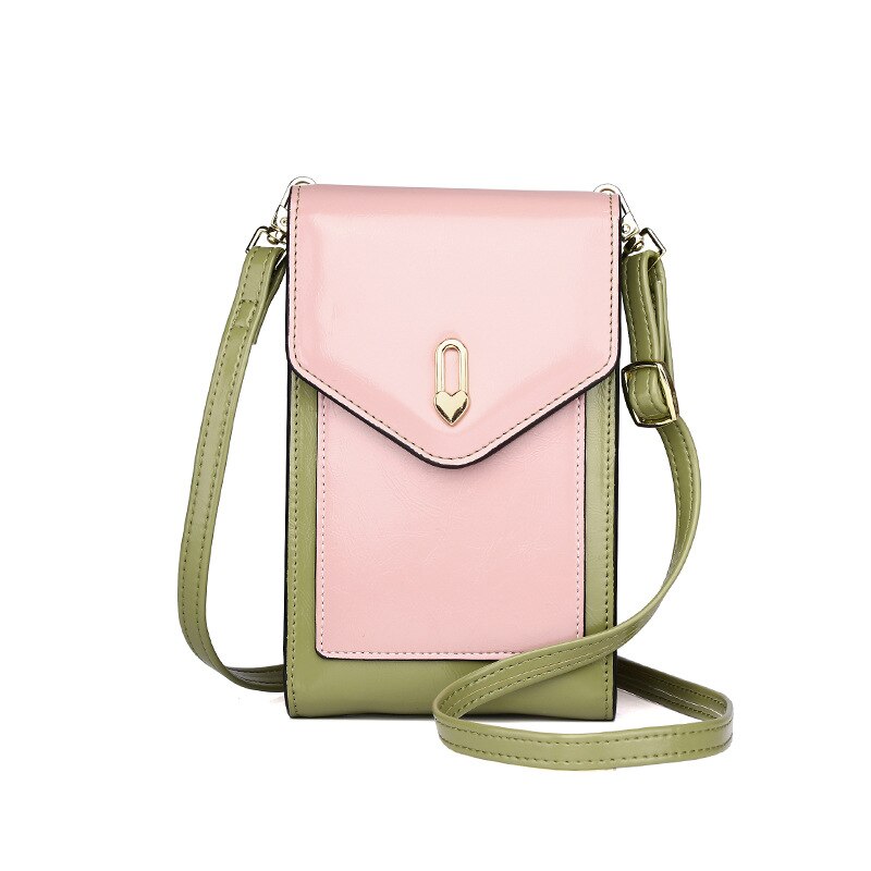 Vrouwen Messenger Bag Telefoon Portemonnees Mini Crossbody Tassen Pu Leer Olie Wax Leer Vrouwelijke Sholder tas: Green-Pink