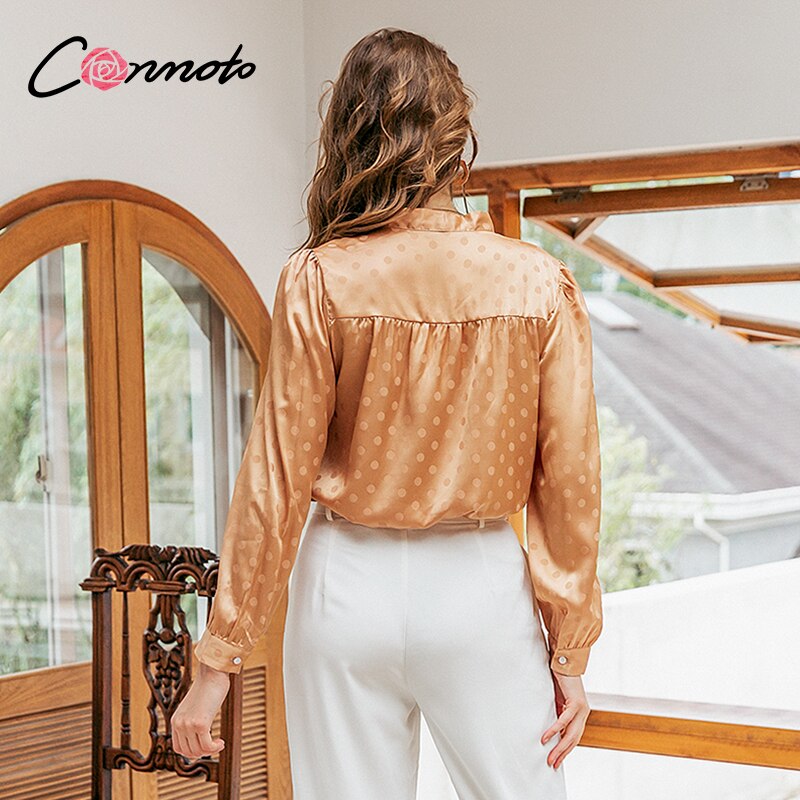 Conmoto bow tie women blouse shirt Long sleeve print polka dots female tops Office lady work wear blouse autumn