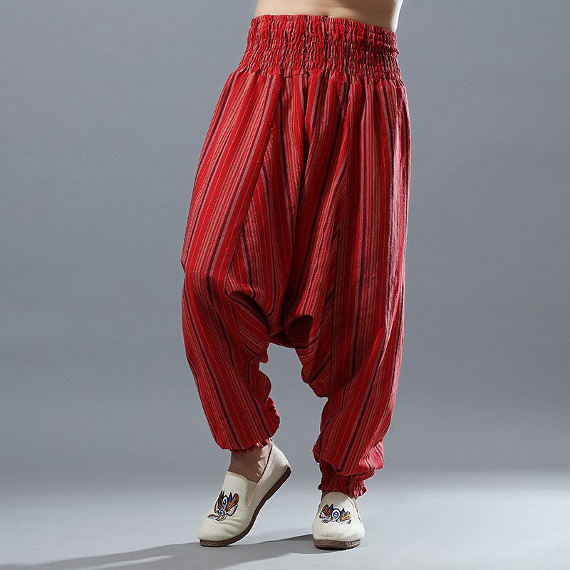 Para Hombre de algodón ropa de bebé hombre Casual Pantalones anchos a rayas Hip Hop pantalones de tiro caído hombres India Nepal pantalones holgados L XL: XL / red