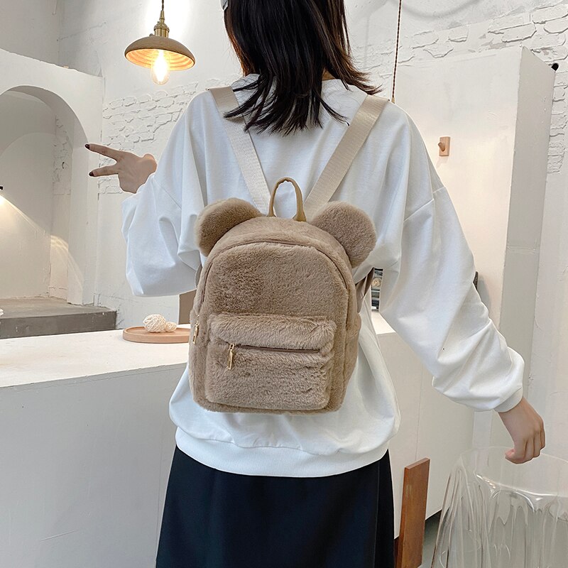 Bear Ears Plush Female Backpack Faux Fur Shoulders Bag Cute Furry Women Bag Winter Bags For Women 2022 Mini Girl Backpacks