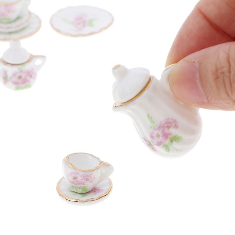 4 patronen 1:12 Miniatuur 15Pcs Porseleinen Kopje Thee Set Sits Bloem Servies Keuken Poppenhuis Meubels Speelgoed Voor Kinderen