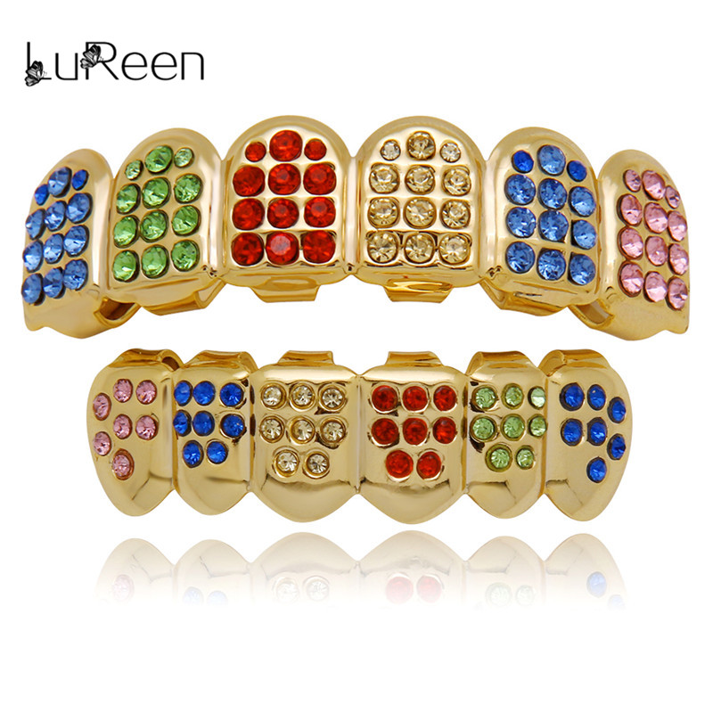 LuReen Bunte Kristall Zähne Grillz Top Unten CZ Gold Grills Dental Hüfte Hop Halloween Zähne Caps Grill Mund Körper Schmuck