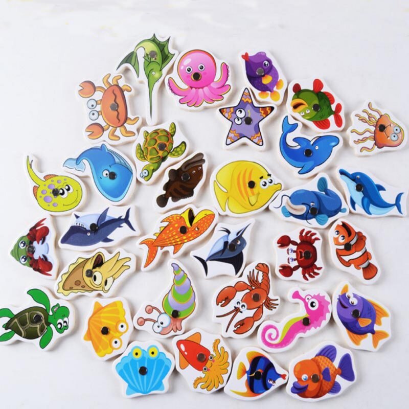 Baby Wooden Toys Fish Game Magnetic Fishing Toy Set Table Game Educational Toys Child Birthday Christmas 32pcs