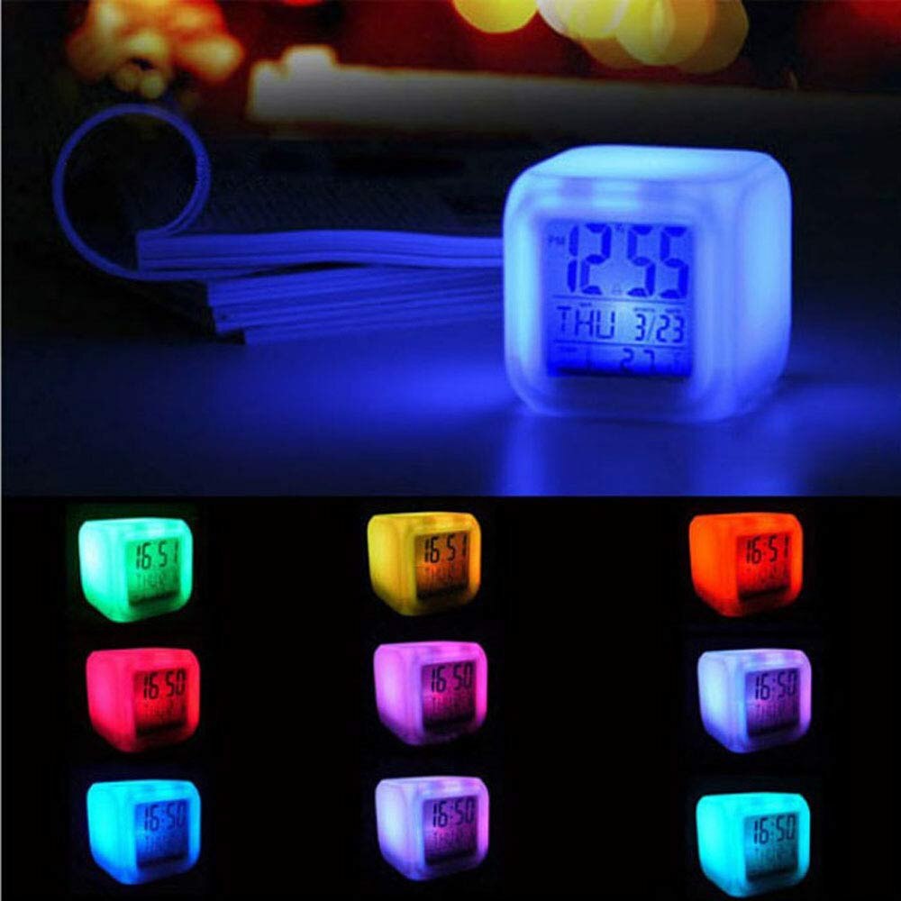 LED Alarm Colock 7 Colors Changing Digital Desk Gadget Digital Alarm Thermometer Night Glowing Cube led Clock Home