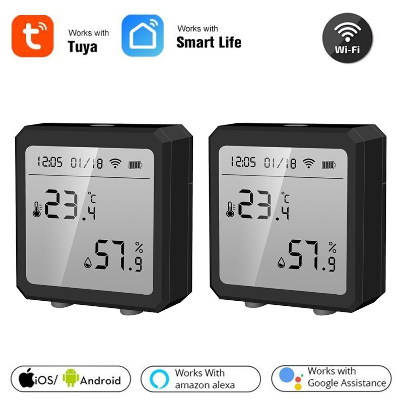 Tuya Smart life WiFi Temperature And Humidity Sensor Indoor Hygrometer Thermometer LCD Display Support Alexa Google Home: 2 pcs black
