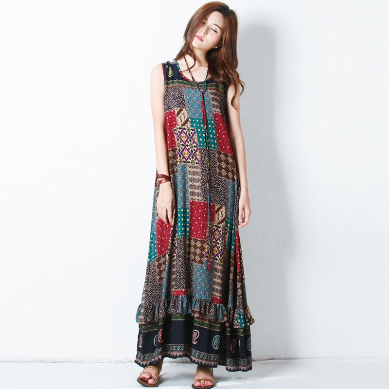 ZANZEA verano dibujo bohemio mujeres cuello redondo sin mangas suelta playa Maxi vestido largo volantes Casual Sundress de talla grande