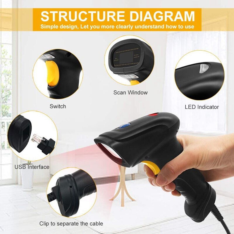 Barcode Scanner with USB Cable for POS Supermarket Library Express Company Retail Store
