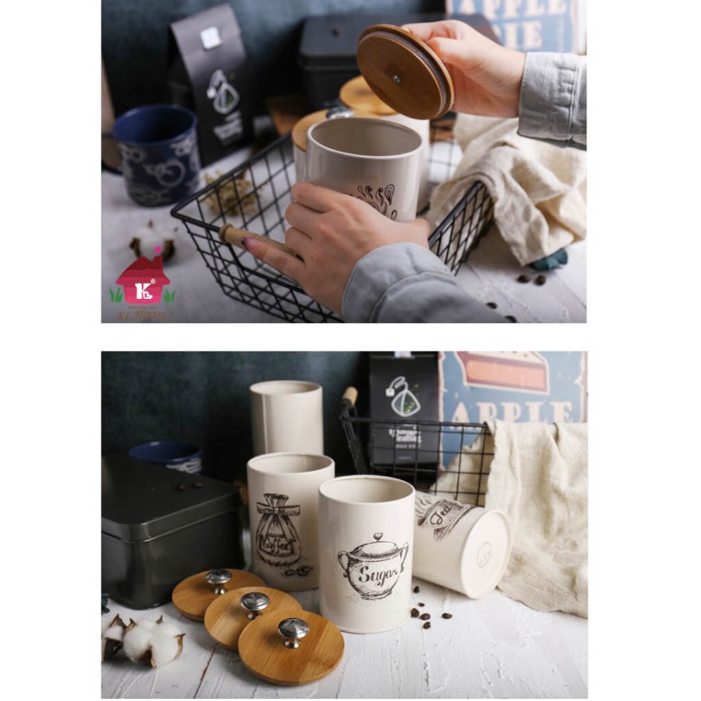 3Pcs Keuken Opslag Blikken Bus Set Bamboe Deksel Thee Koffie Suiker Brood Bin Jar