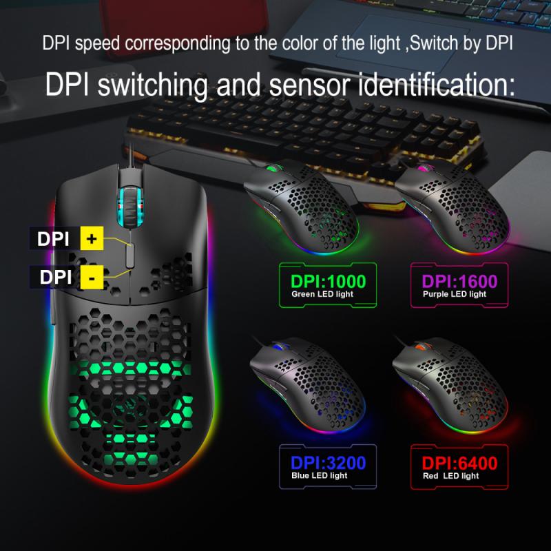 HXSJ J900 USB Wired Gaming Mouse RGB Gamer Mouses With Six Adjustable DPI Honeycomb Hollow Ergonomic For Desktop