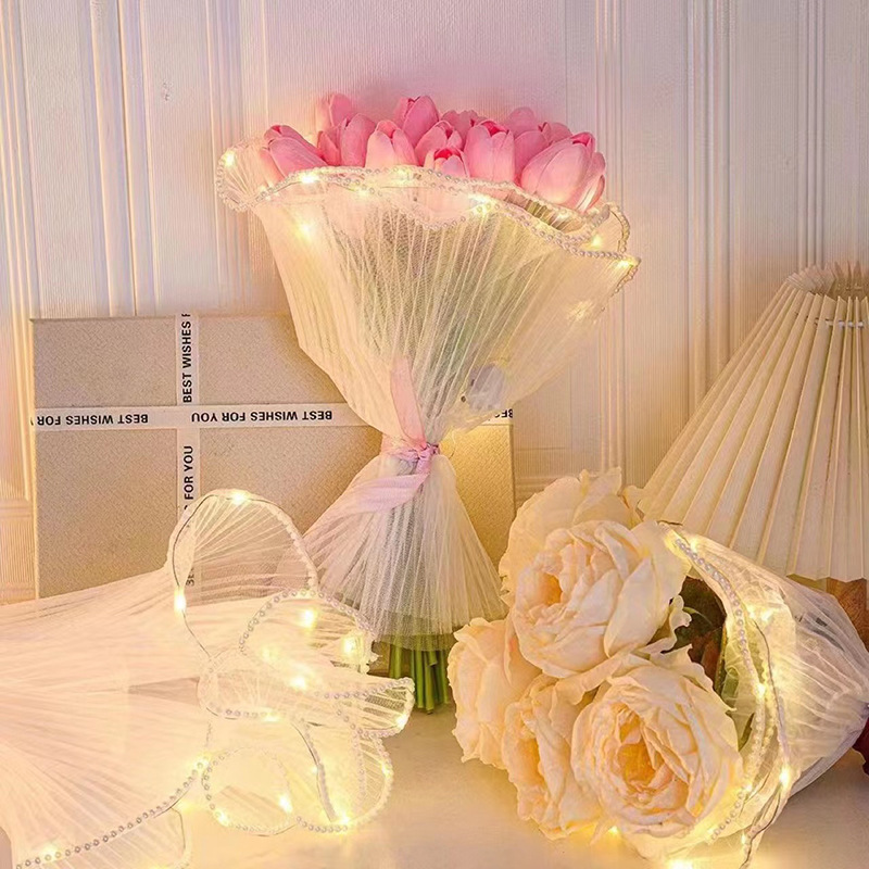 Led-blomsterinnpakningspapir med lys blonder netting bølgegarn blomsterhandlerbukett emballasjedekorasjon bryllup bursdag valentinsgave