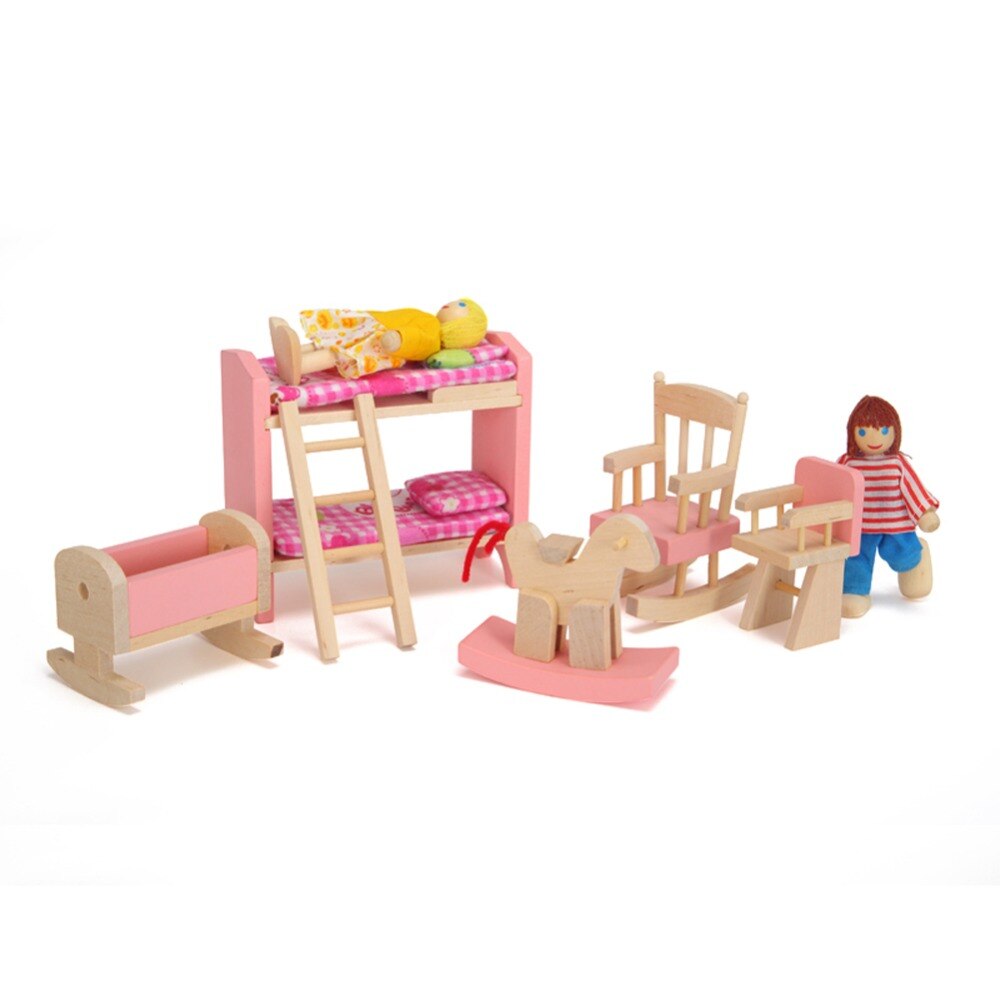 Pink Bathroom Furniture Bunk Bed House Furniture for Dolls Wood Miniature Furniture Wooden Toys for Children Birthday Xmas