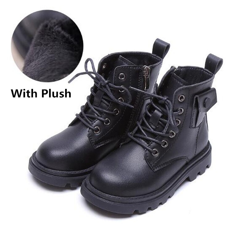 Autumn/Winter Children Ankle Boots Girls Boys Black Zip Motorcycle boots Baby With Plush Snow Boots Kids Toddler Shoes 019: Black Short Plush / 24