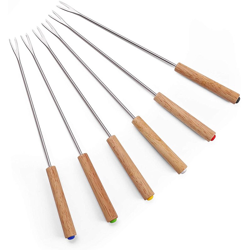 6Pcs Wood Handle Chocolate Fork Stainless Steel Cheese Fondue Forks Fork Heat Resistant Pot Fruit Dessert Fork Kitchen Tools: Default Title