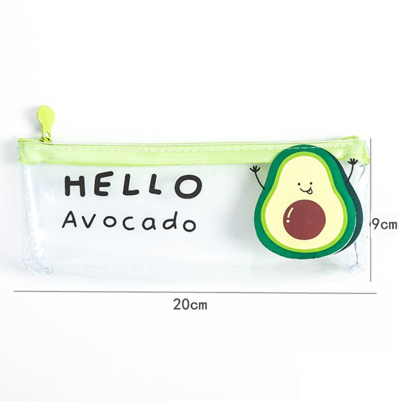 Söt kawaii tecknad avokado penna väska mini pvc transparent brevpapper förvaring för pojke flicka student skolmaterial