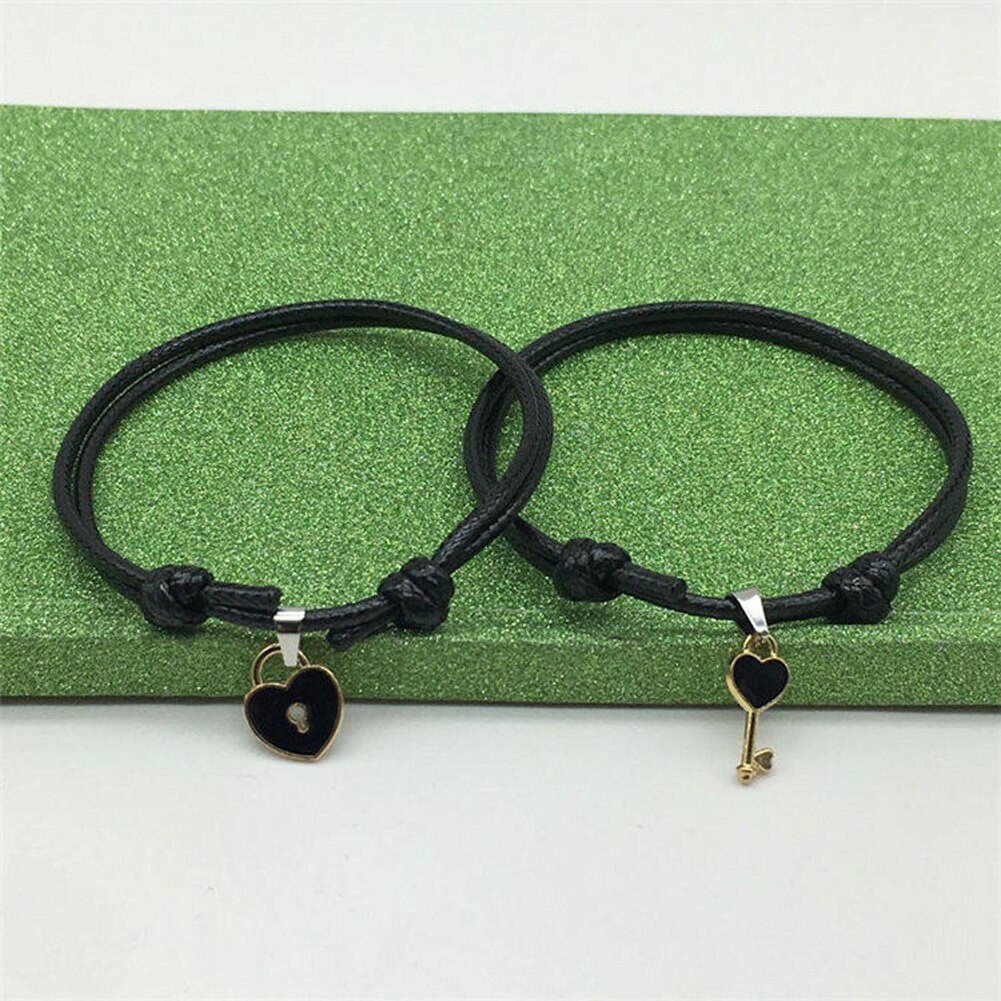 1 par nova chegada casal pulseira liga chave coração bloqueio charme pulseira artesanal jóias corda amantes presentes para as mulheres: Black