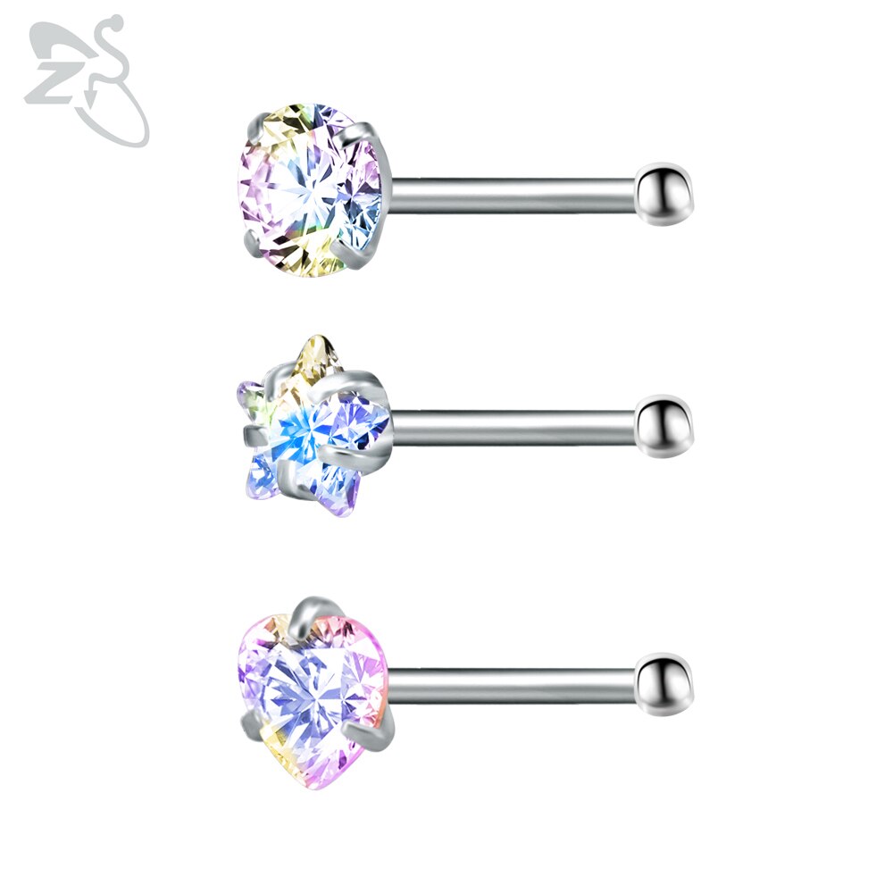 Zs piercing de nariz em aço inoxidável 3-12 porcelana, conjunto de pino redondo, estrela, coração, cristal cz, nariz, 3mm, forma de l, joia de piercing 20g: J-3pcs