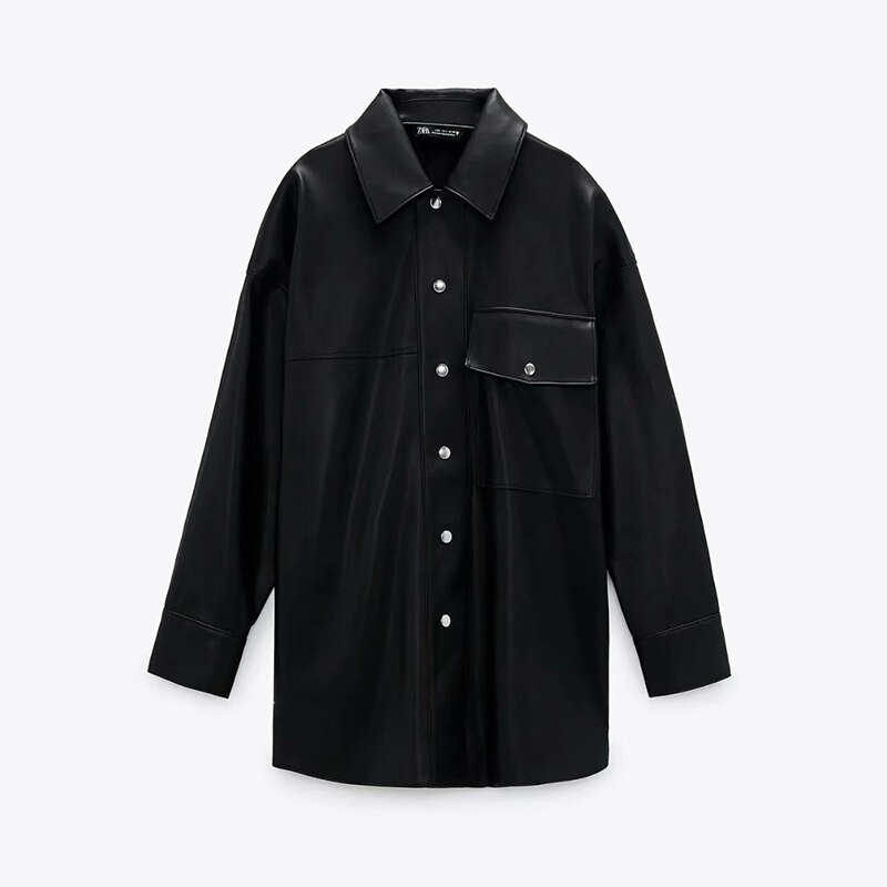 Chaqueta de cuero sintético para mujer, abrigo de camisa fina para primavera y otoño, ropa de calle a la , chaqueta gótica Vintage de color negro, atuendo estético,: S